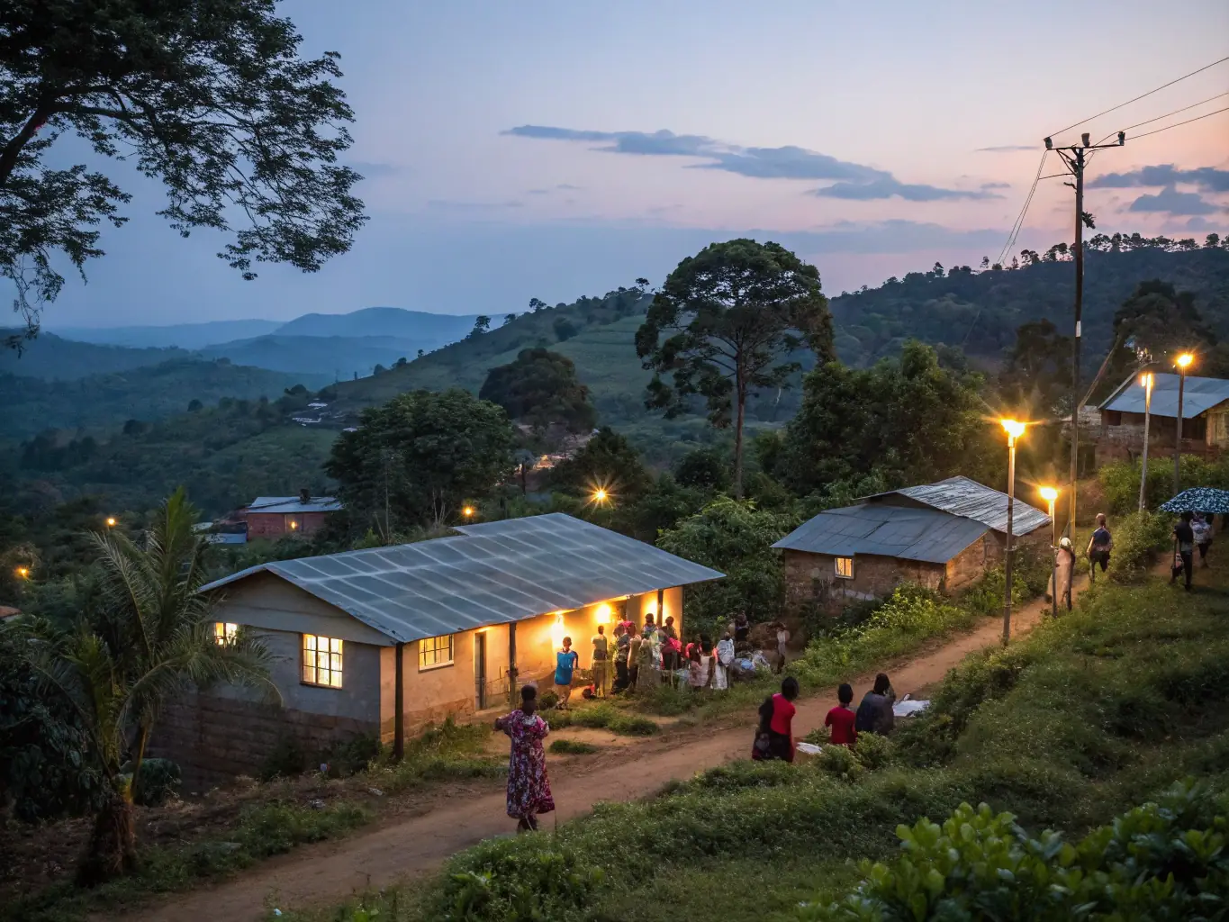 A detailed photo of solar street lights on a rural road, surrounded by open fields and distant houses, under a clear sky, demonstrating off-grid lighting for remote and rural environments.