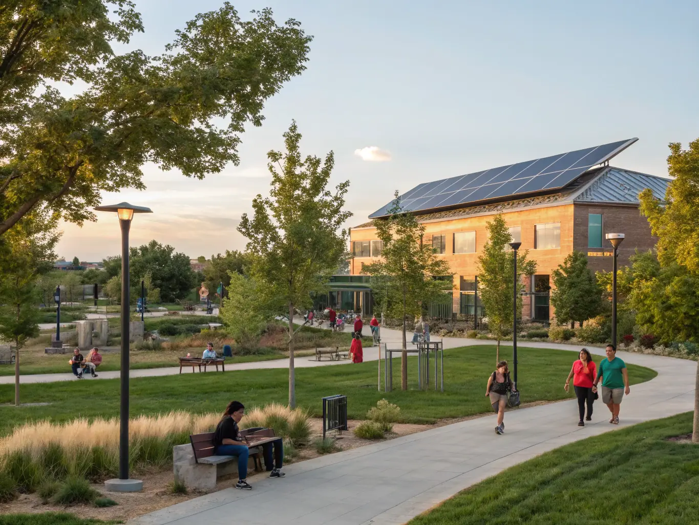 Urban park pathway at dusk illuminated by solar street lights