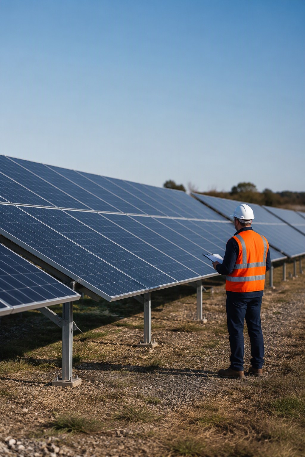 Engineer inspecting a ground-mounted solar panel array