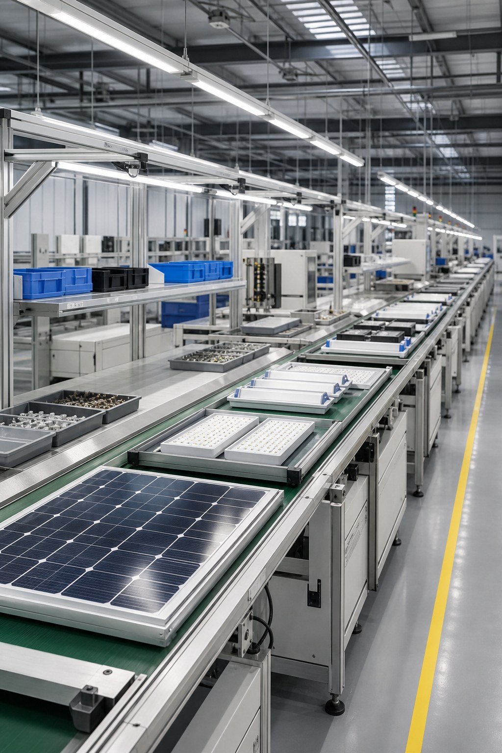 Solar panel and LED fixture production line in a factory