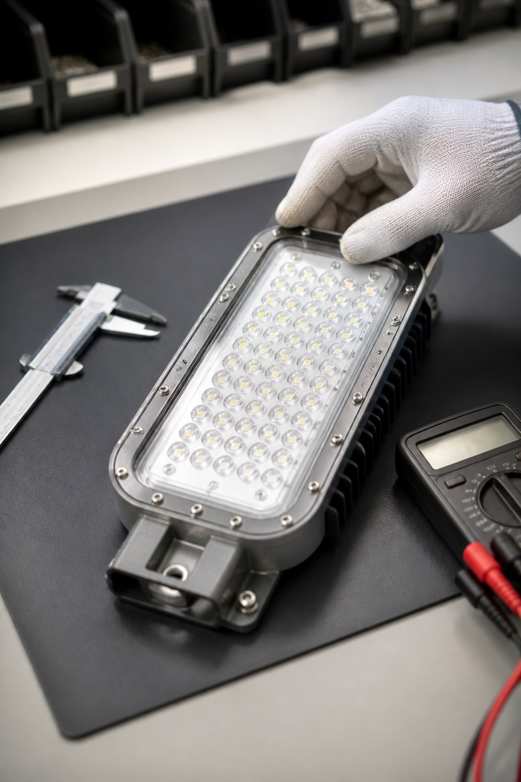 Gloved technician inspecting an LED light fixture with calipers and a multimeter