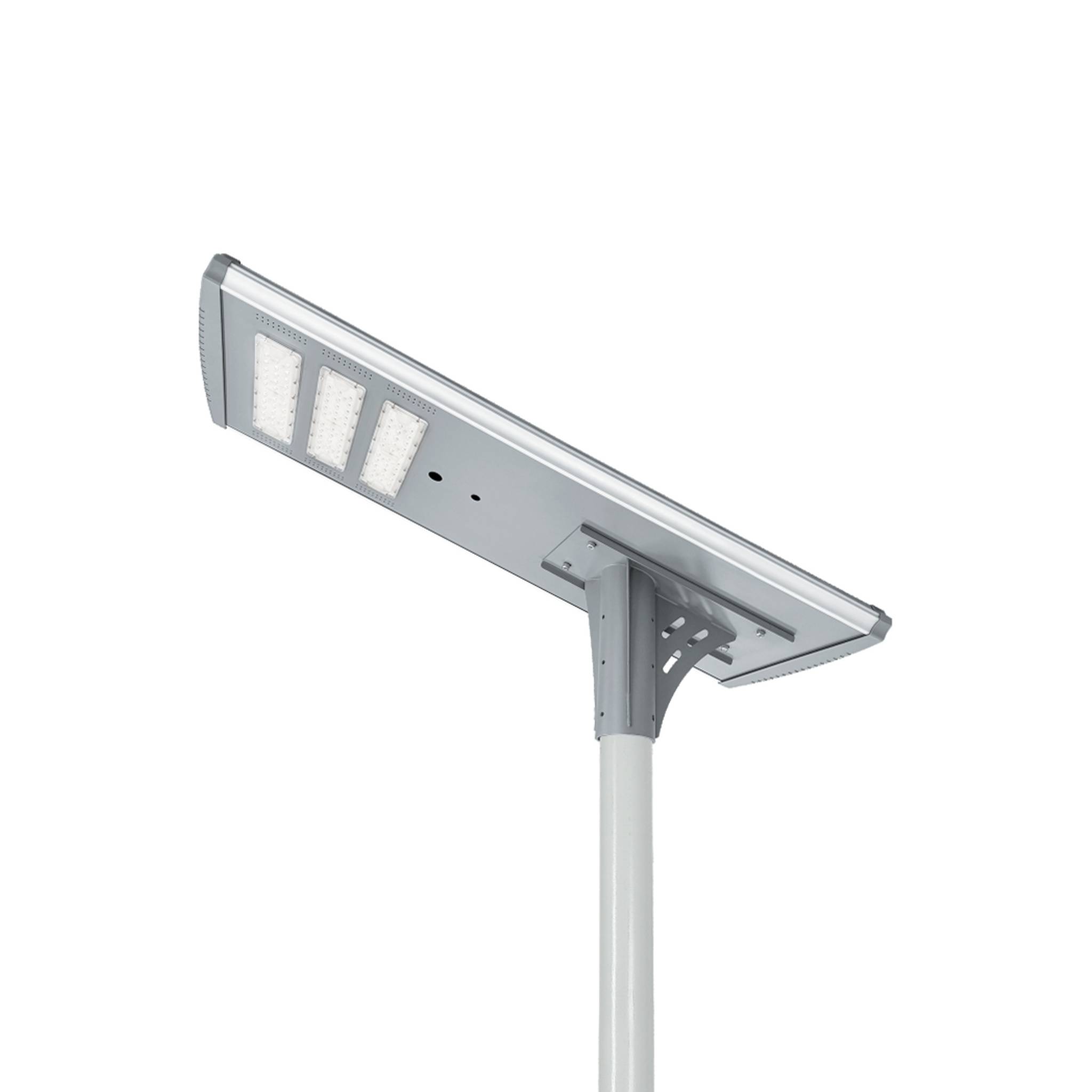 Accordion Style integrated all-in-one solar street light housing in silver finish with solar panel and LED module mounted on a pole, white background product photo