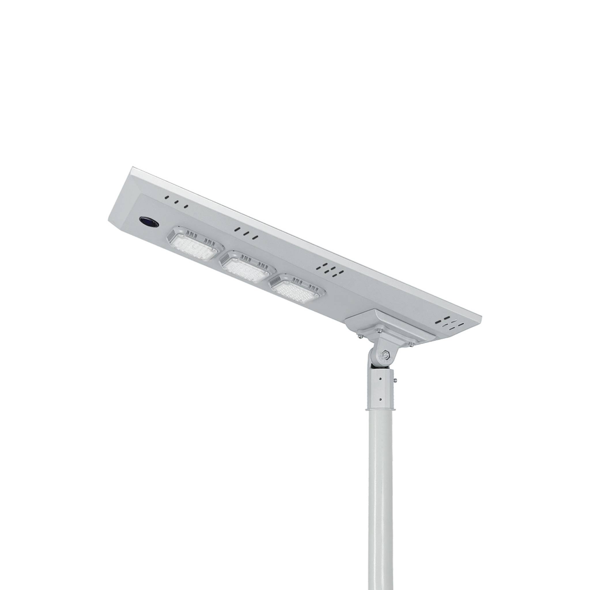 Ark Style integrated all-in-one solar street light housing in silver finish with solar panel and LED module mounted on a pole, white background product photo