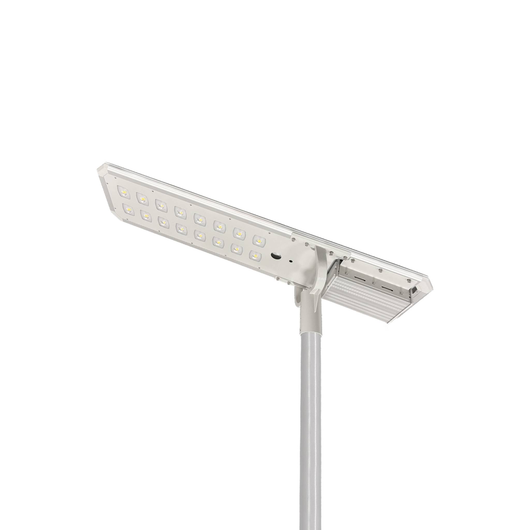 Bison (White) integrated all-in-one solar street light housing in white finish with solar panel and LED module mounted on a pole, white background product photo