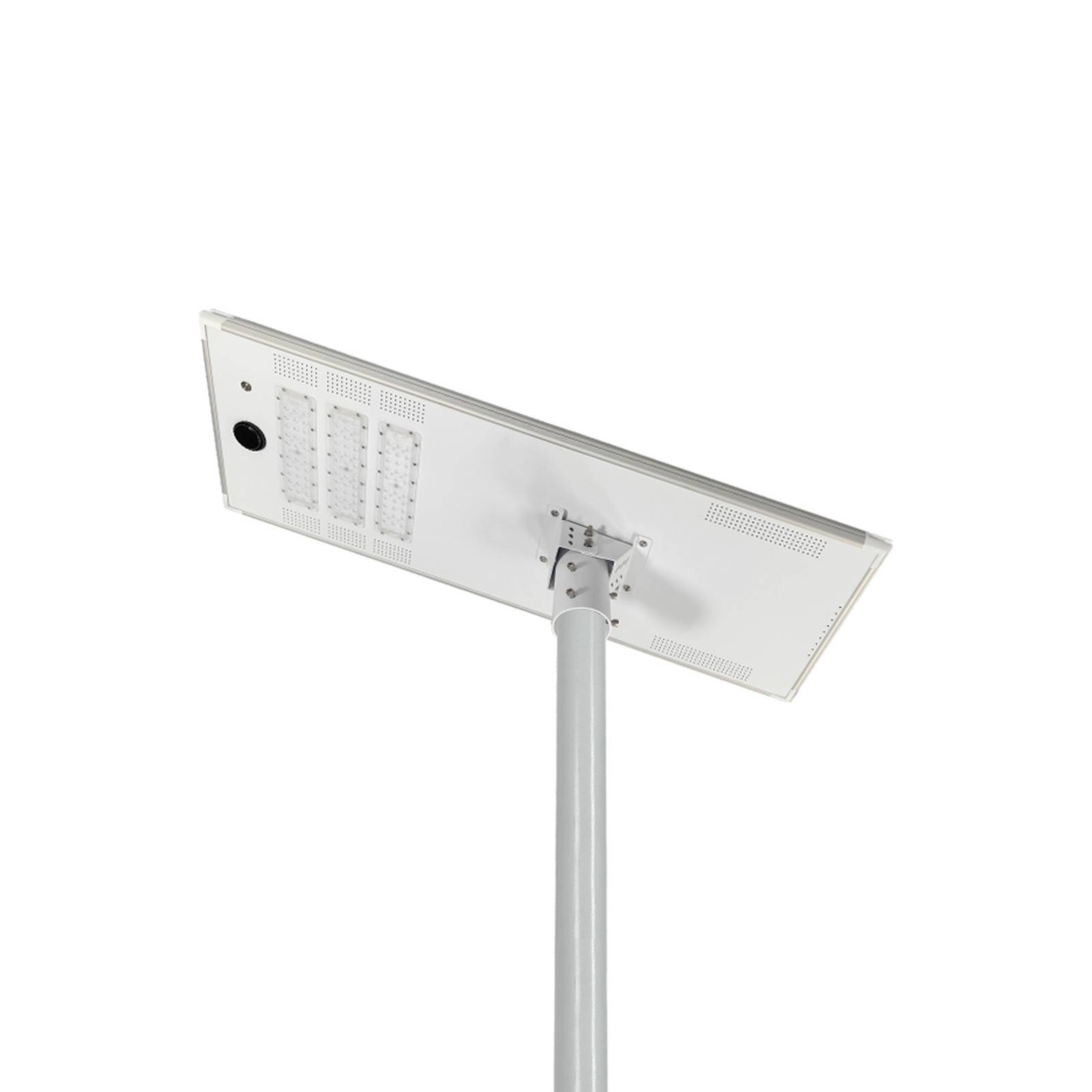 Classic integrated all-in-one solar street light housing with solar panel and LED module mounted on a pole, white background product photo
