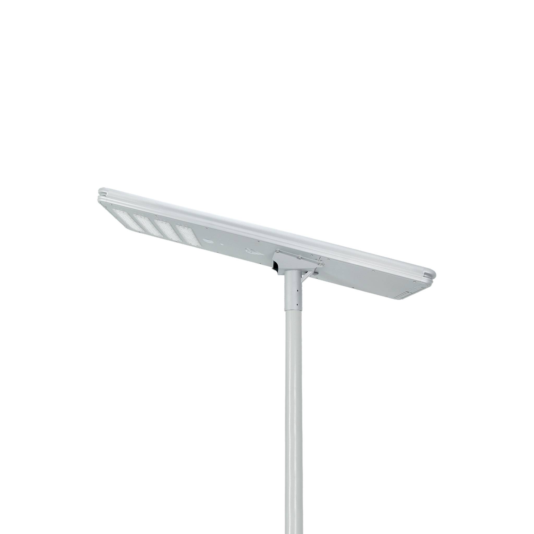 Diamond integrated all-in-one solar street light housing in silver finish with solar panel and LED module mounted on a pole, white background product photo
