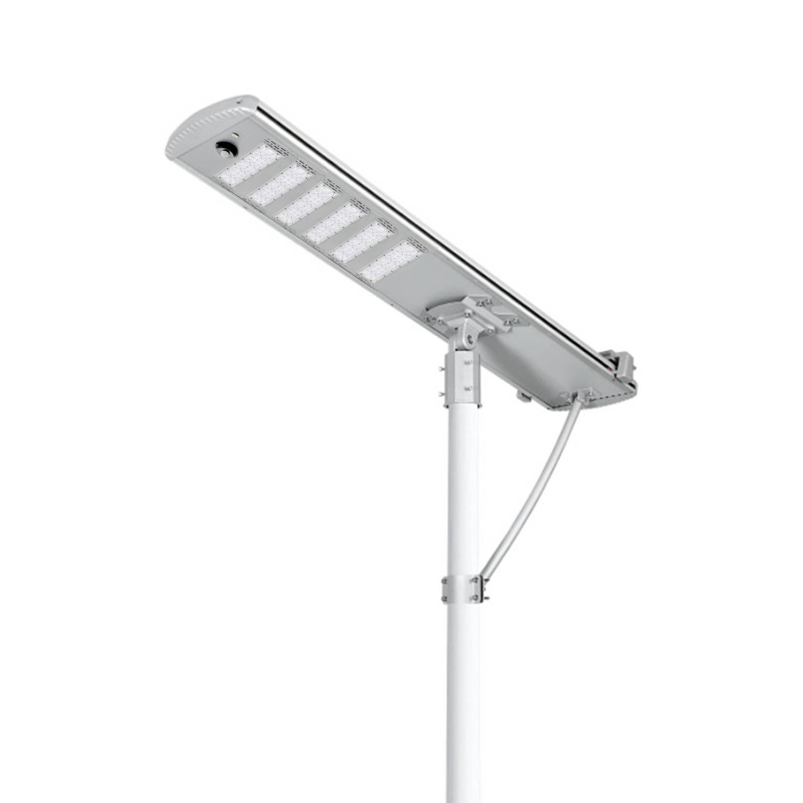 Harp 2 integrated all-in-one solar street light housing with solar panel and LED module mounted on a pole, white background product photo