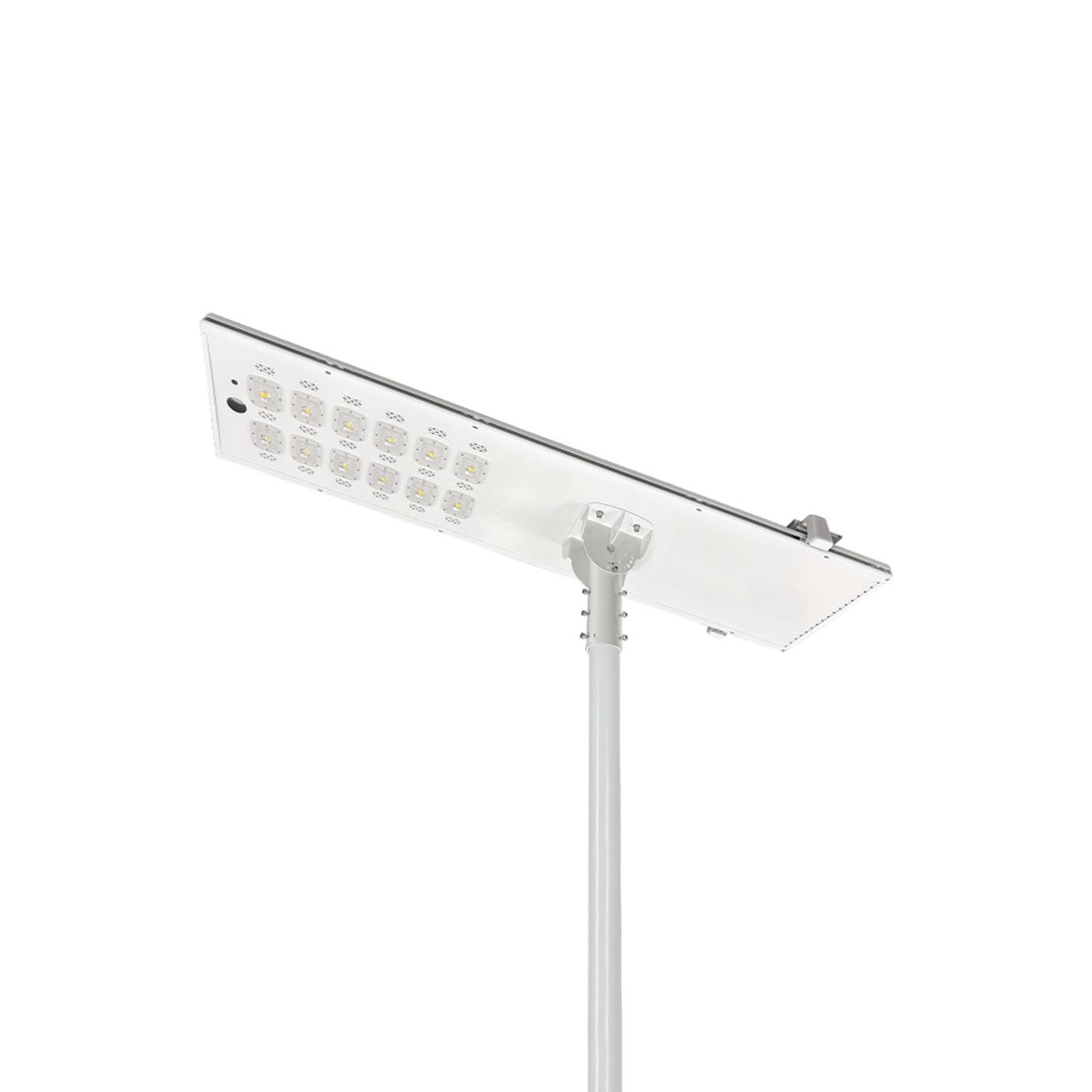 Harp 3 integrated all-in-one solar street light housing with solar panel and LED module mounted on a pole, white background product photo
