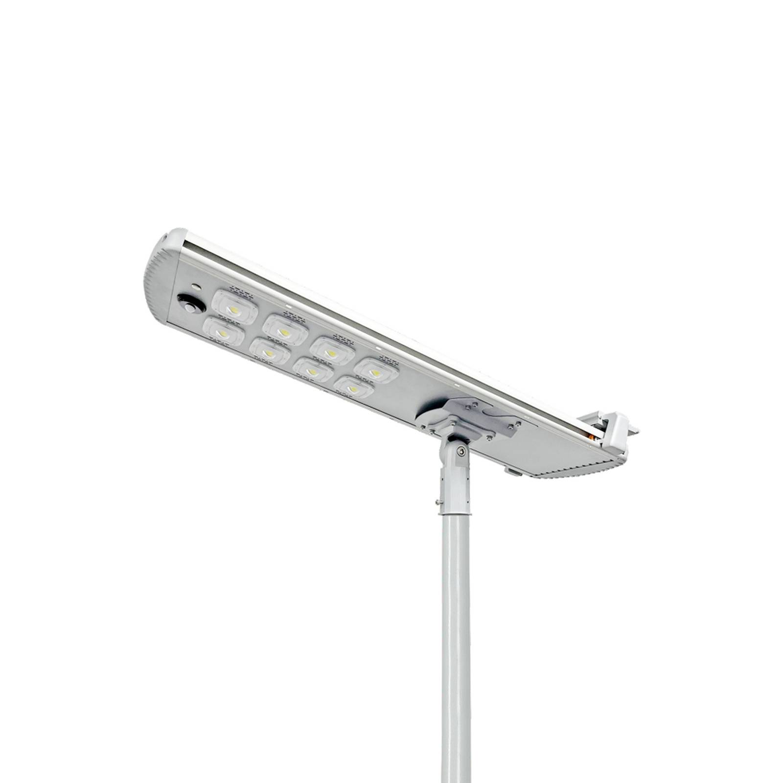 Harp integrated all-in-one solar street light housing with solar panel and LED module mounted on a pole, white background product photo