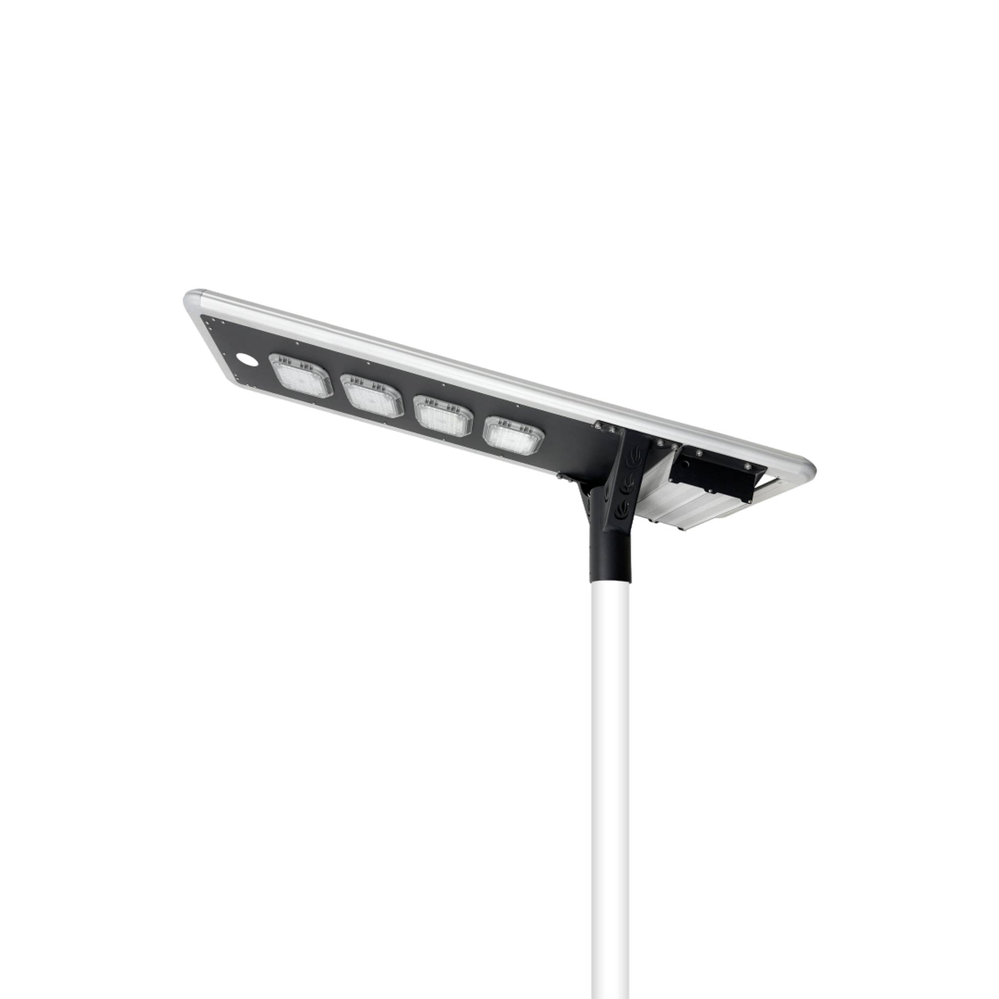 Holy Fire integrated all-in-one solar street light housing in silver finish with solar panel and LED module mounted on a pole, white background product photo
