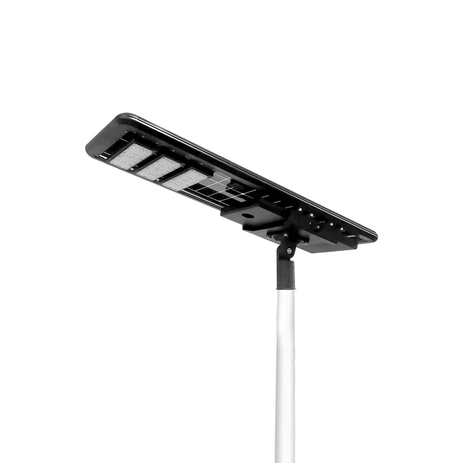 Kangaroo integrated all-in-one solar street light housing with solar panel and LED module mounted on a pole, white background product photo