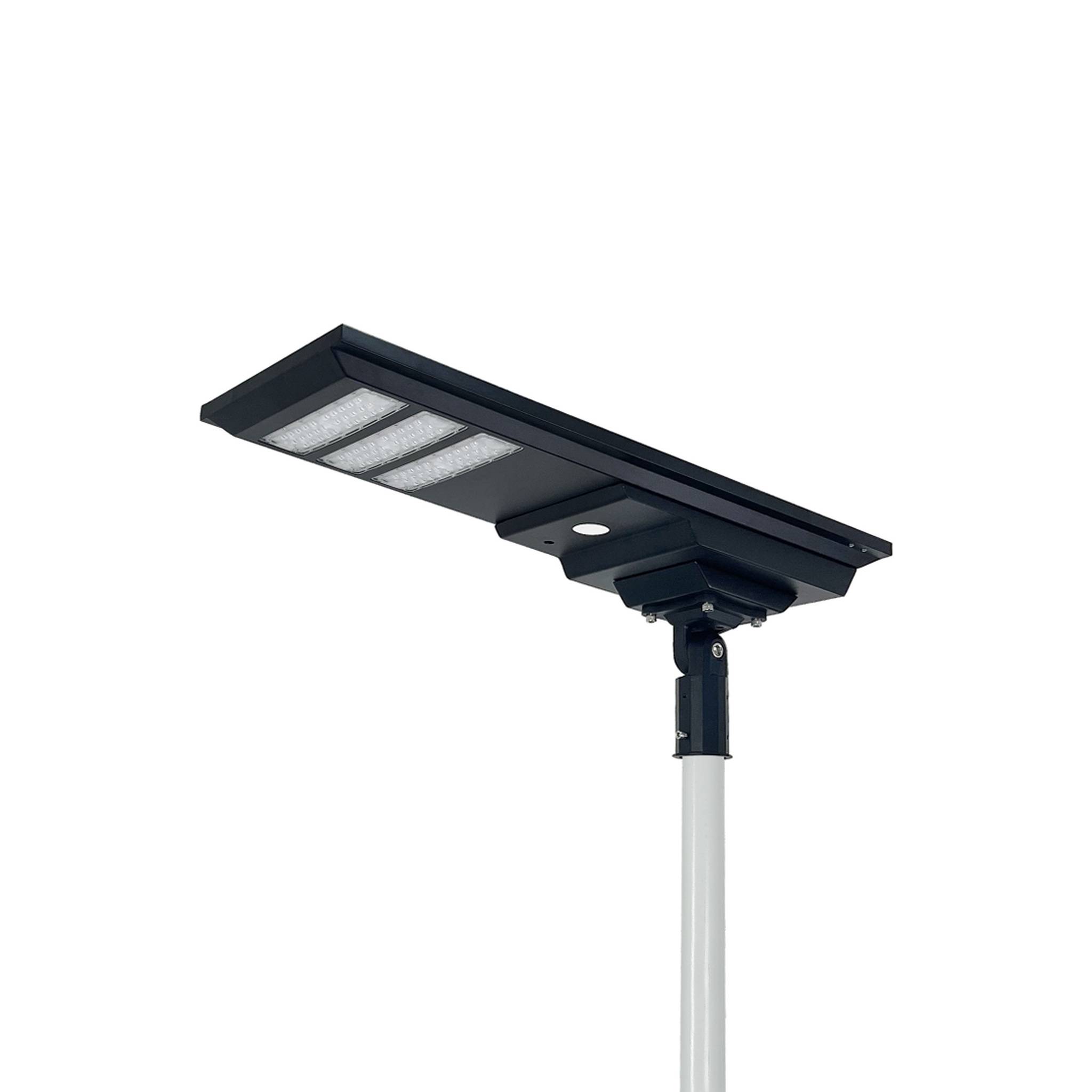 Kunpeng II (Black) integrated all-in-one solar street light housing in dark finish with solar panel and LED module mounted on a pole, white background product photo