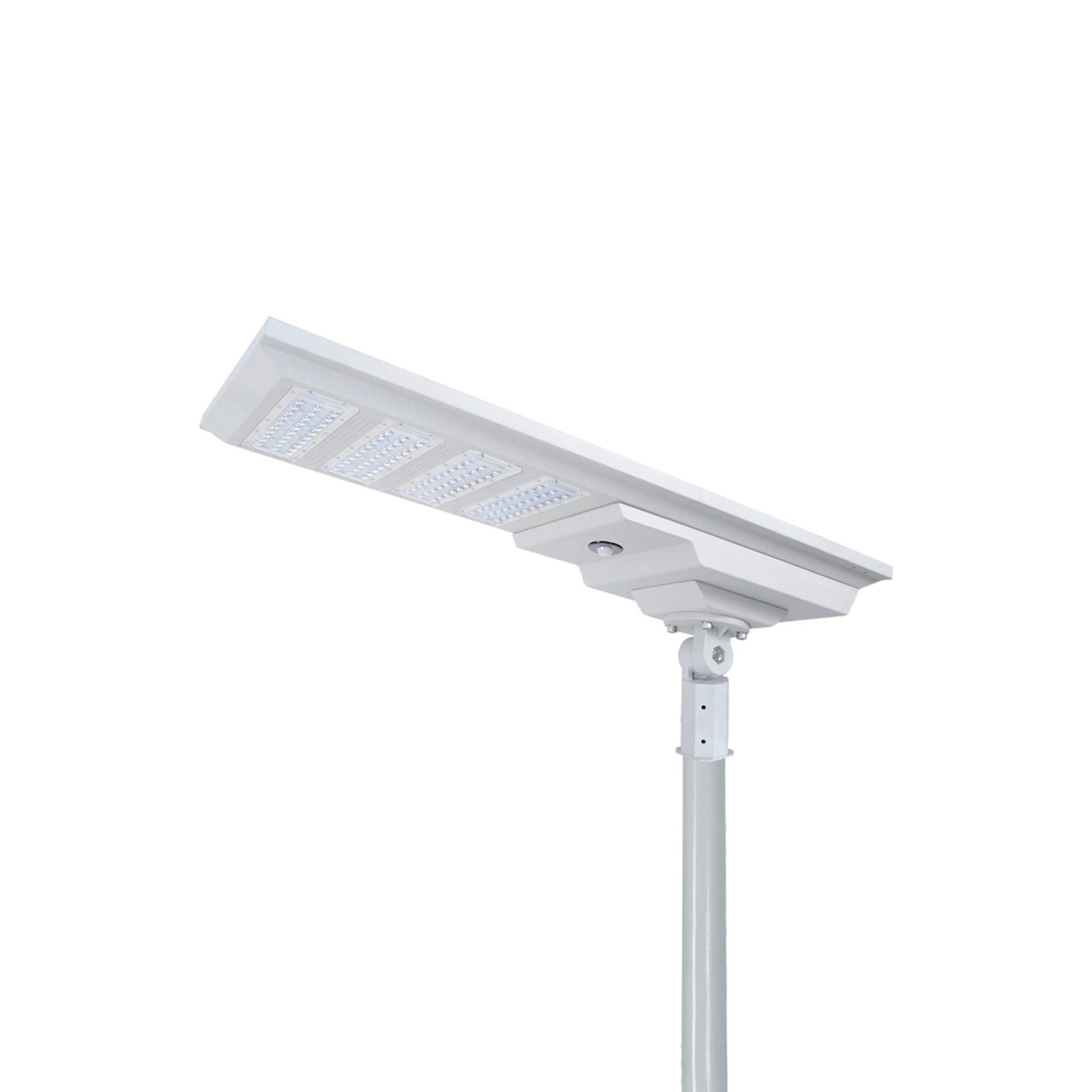Kunpeng II (White) integrated all-in-one solar street light housing in white finish with solar panel and LED module mounted on a pole, white background product photo