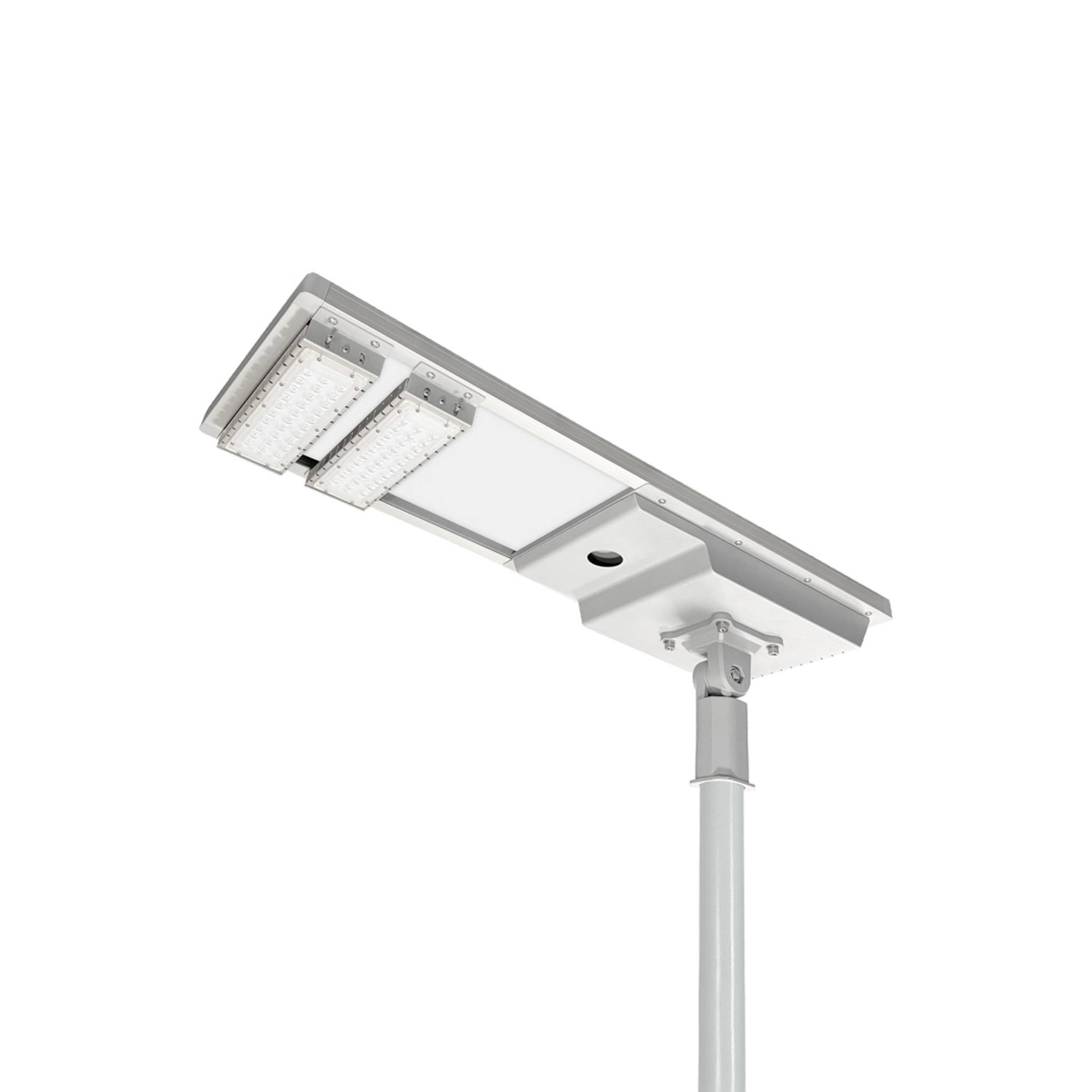 Kunpeng V3 integrated all-in-one solar street light housing with solar panel and LED module mounted on a pole, white background product photo