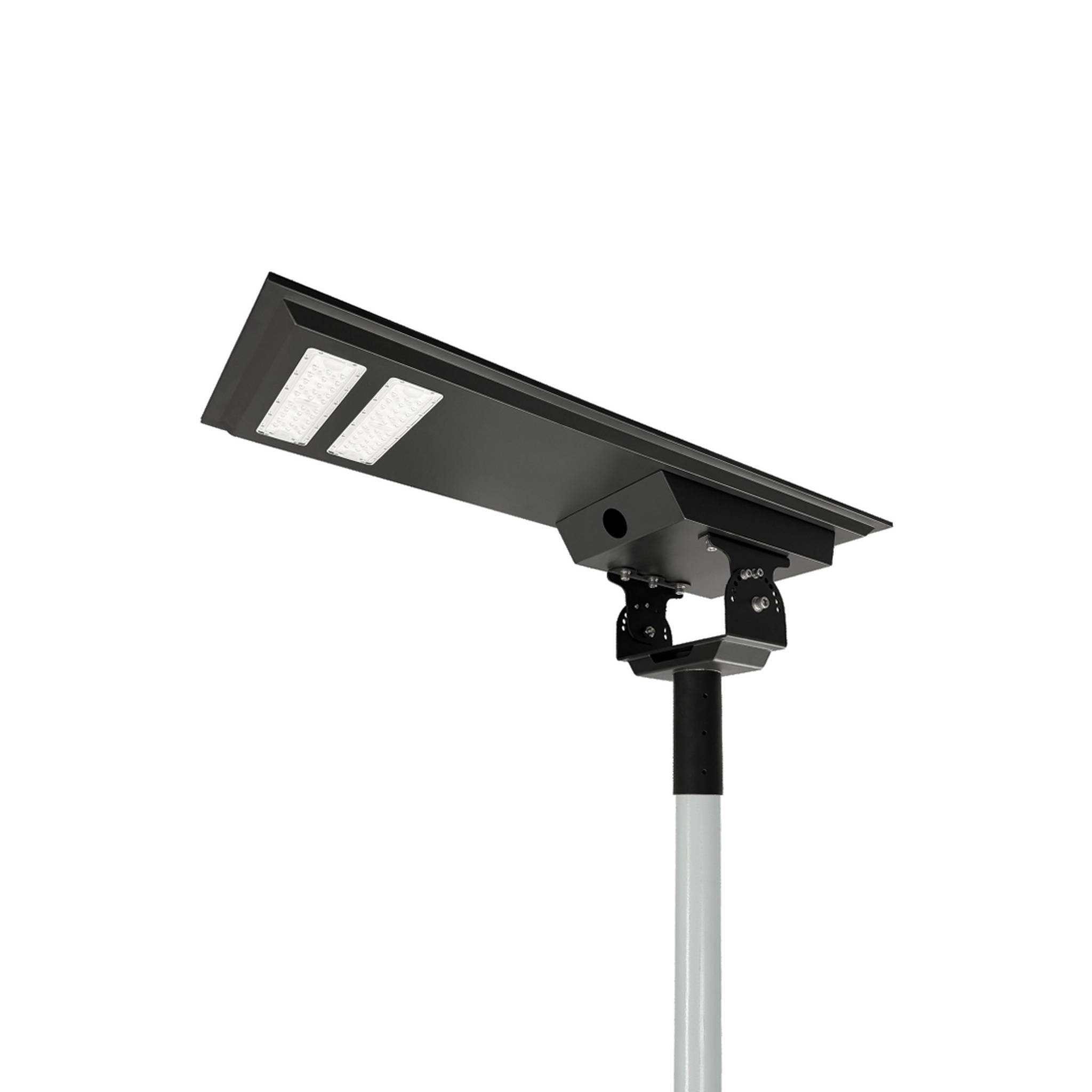 Kunpeng V4 integrated all-in-one solar street light housing with solar panel and LED module mounted on a pole, white background product photo