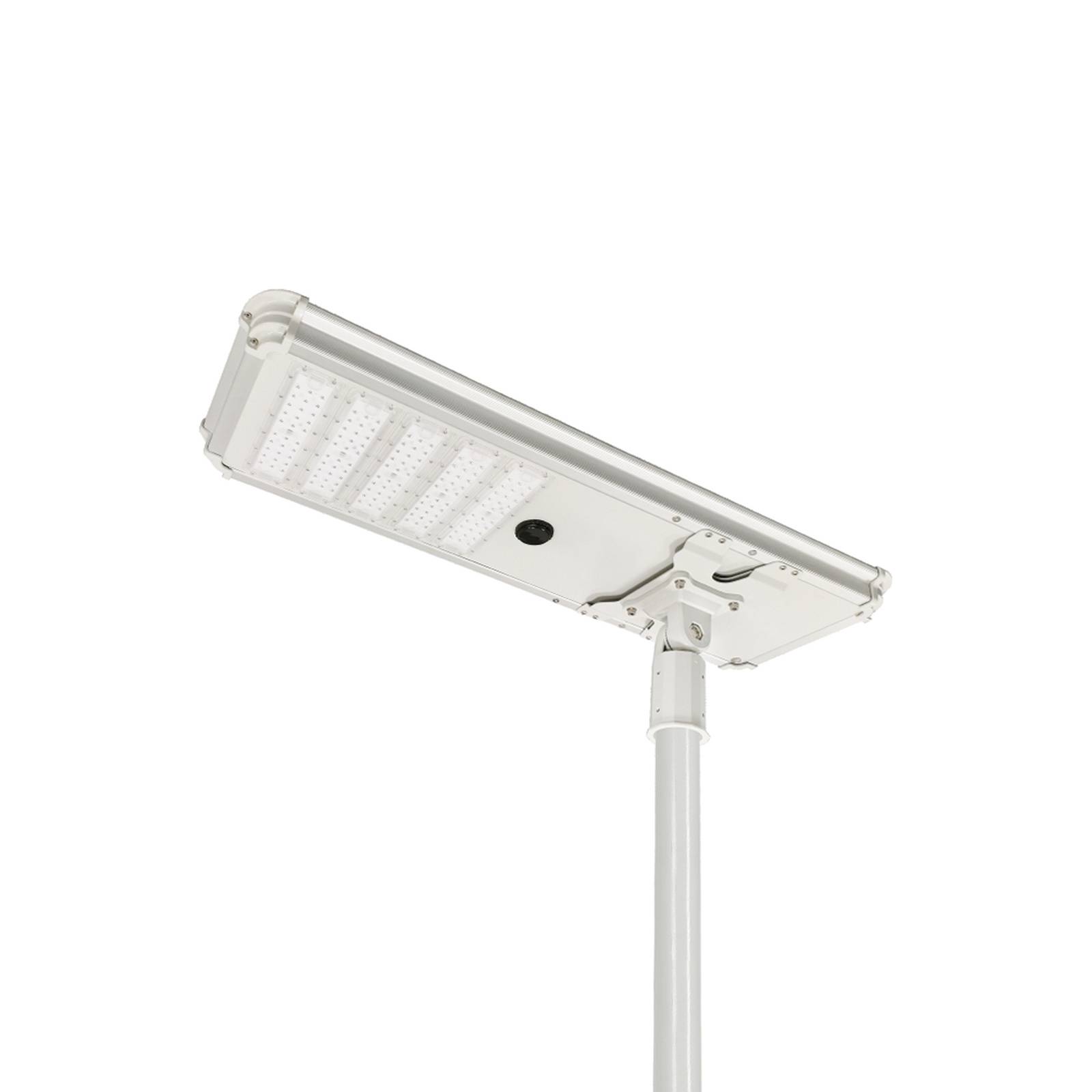 Panda integrated all-in-one solar street light housing with solar panel and LED module mounted on a pole, white background product photo