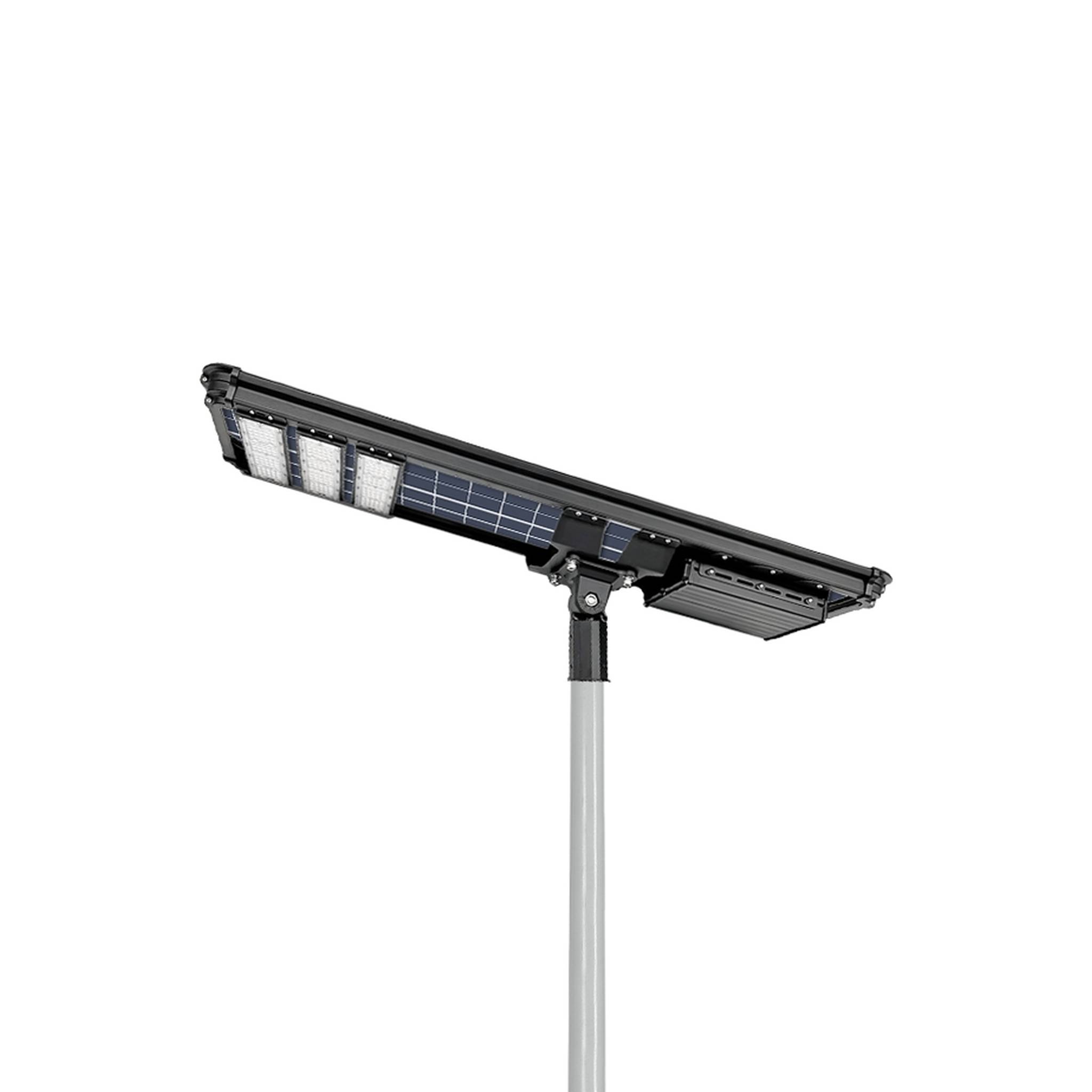 Pengpai (Black) integrated all-in-one solar street light housing in dark finish with solar panel and LED module mounted on a pole, white background product photo