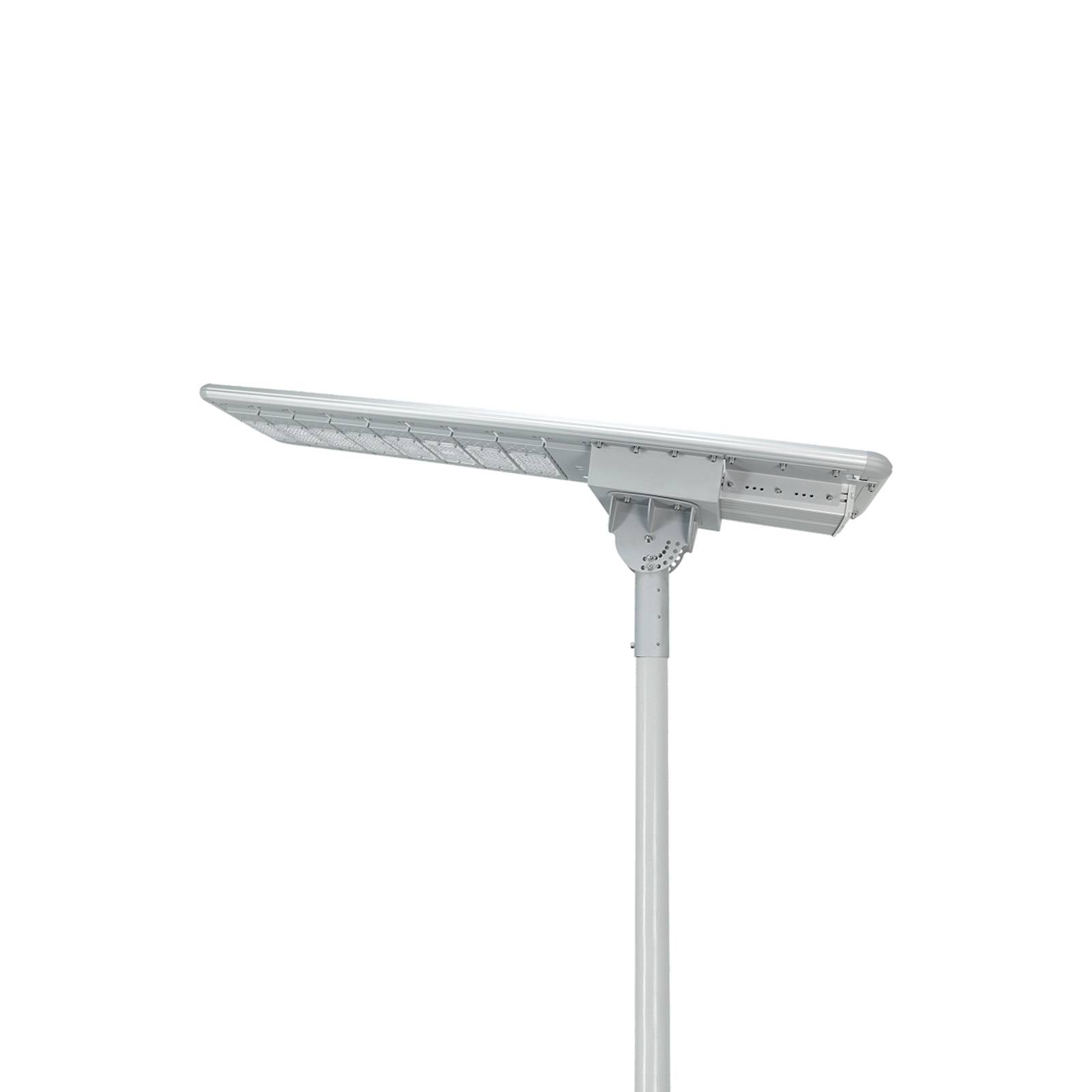 Sky Ladder integrated all-in-one solar street light housing with solar panel and LED module mounted on a pole, white background product photo