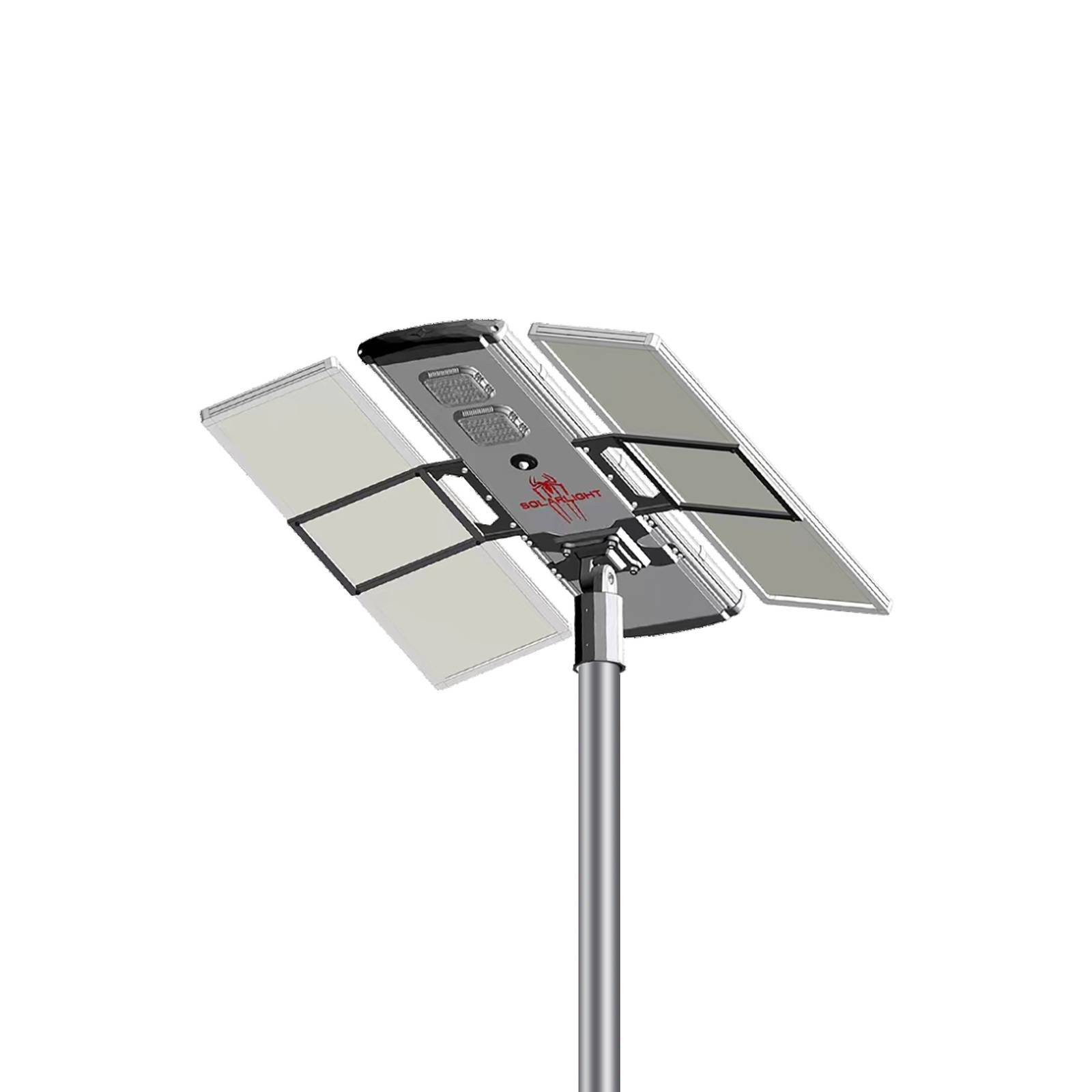 Space Station integrated all-in-one solar street light housing with solar panel and LED module mounted on a pole, white background product photo