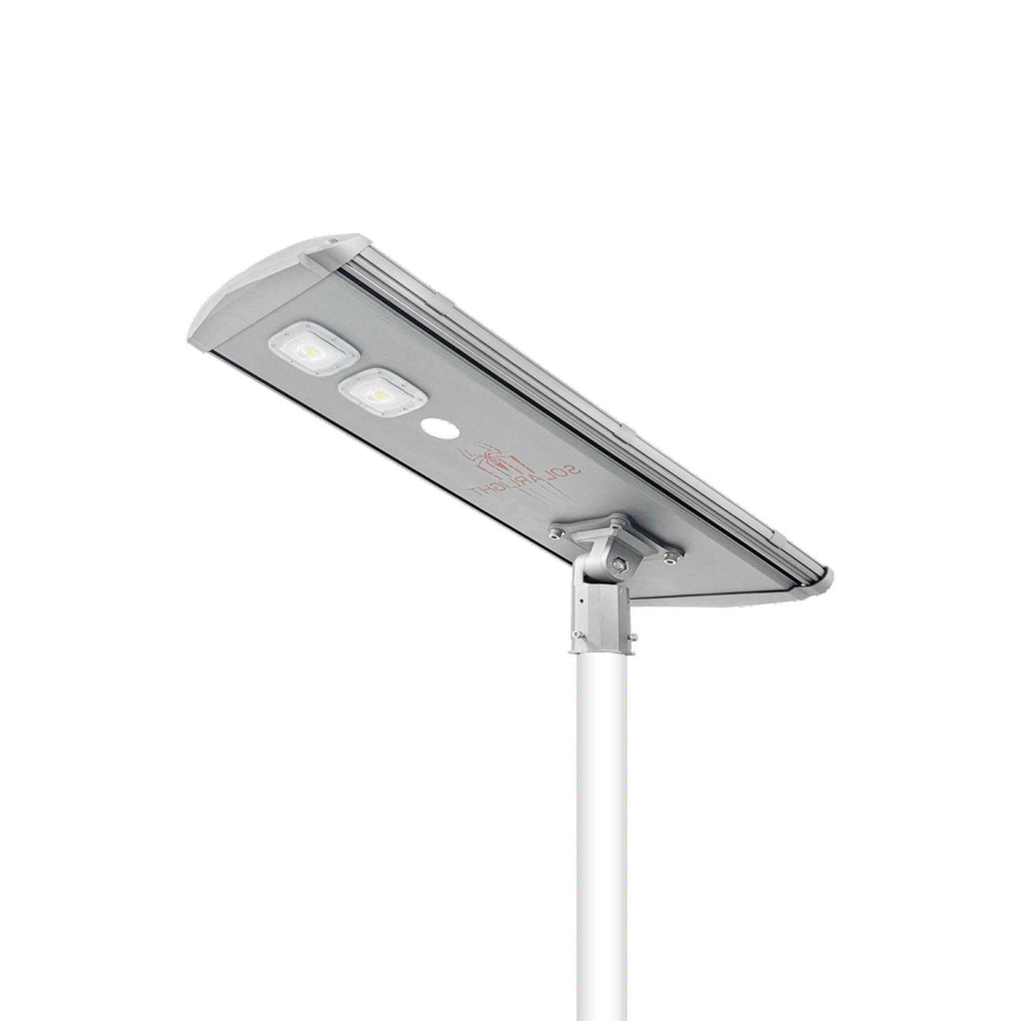 Spider Man integrated all-in-one solar street light housing in silver finish with solar panel and LED module mounted on a pole, white background product photo