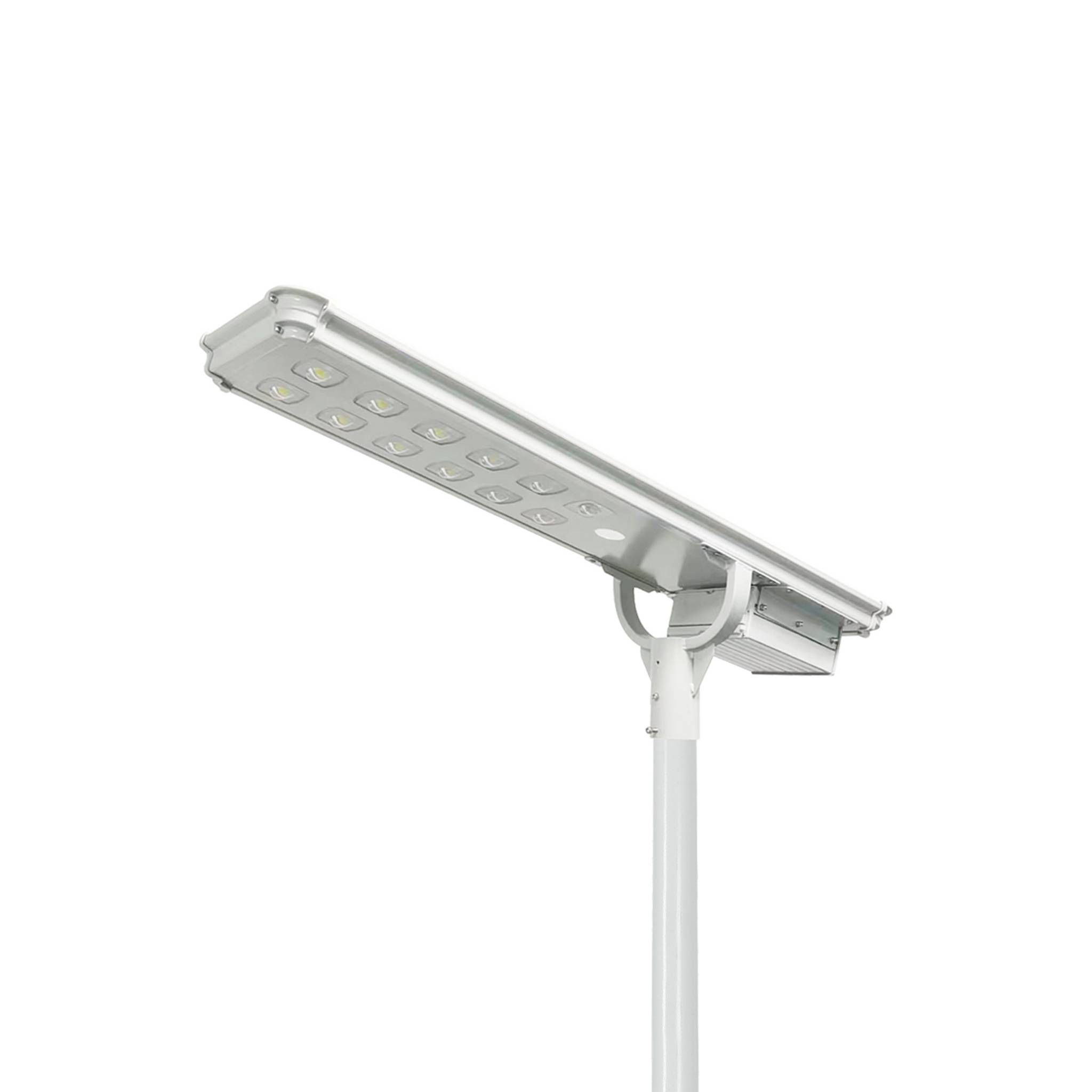 Thor (White) integrated all-in-one solar street light housing in white finish with solar panel and LED module mounted on a pole, white background product photo