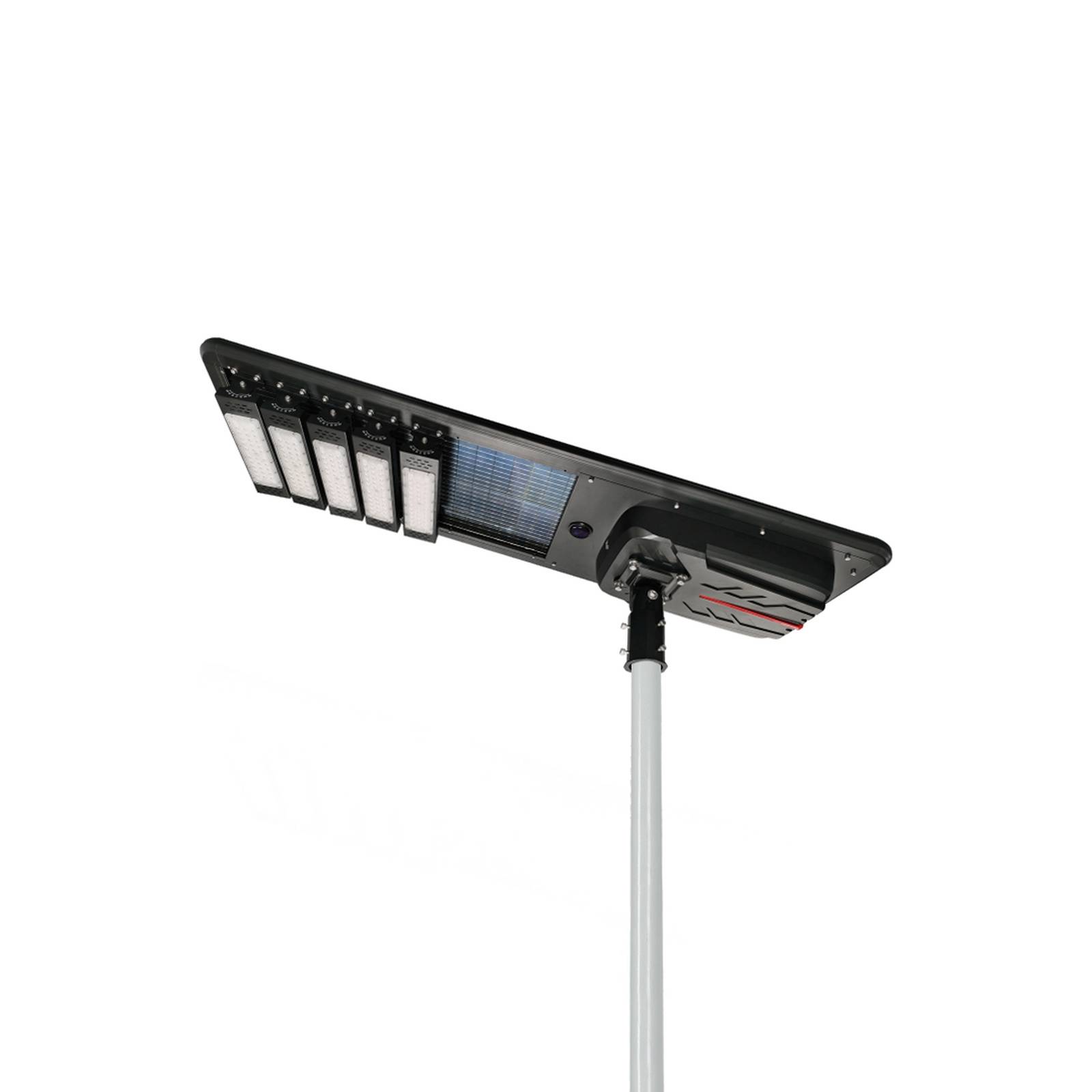 Thunder integrated all-in-one solar street light housing with adjustable LED module and solar panel mounted on a pole, white background product photo