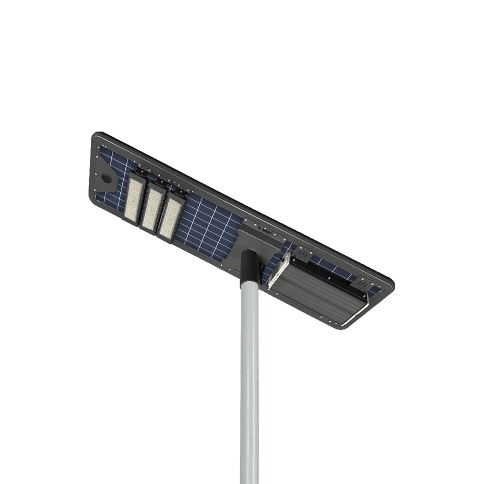Warrior integrated all-in-one solar street light housing in dark finish with solar panel and LED module mounted on a pole, white background product photo
