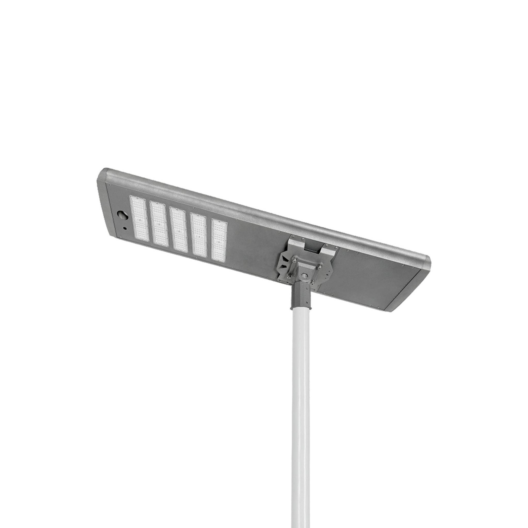 Zhuque integrated all-in-one solar street light housing in silver finish with solar panel and LED module mounted on a pole, white background product photo