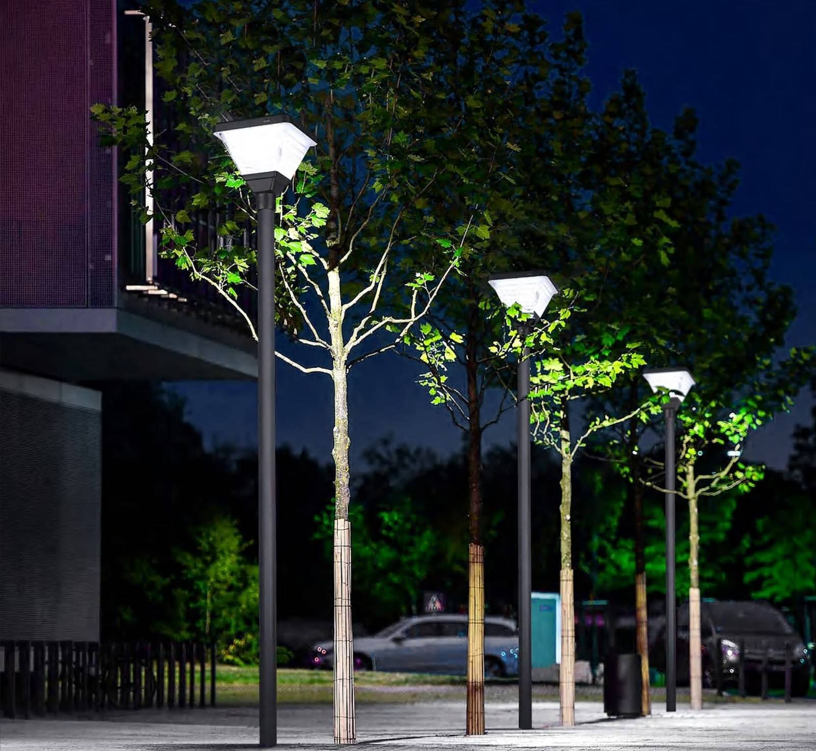 ZC-GGD002 solar garden lights on a landscaped plaza at dusk