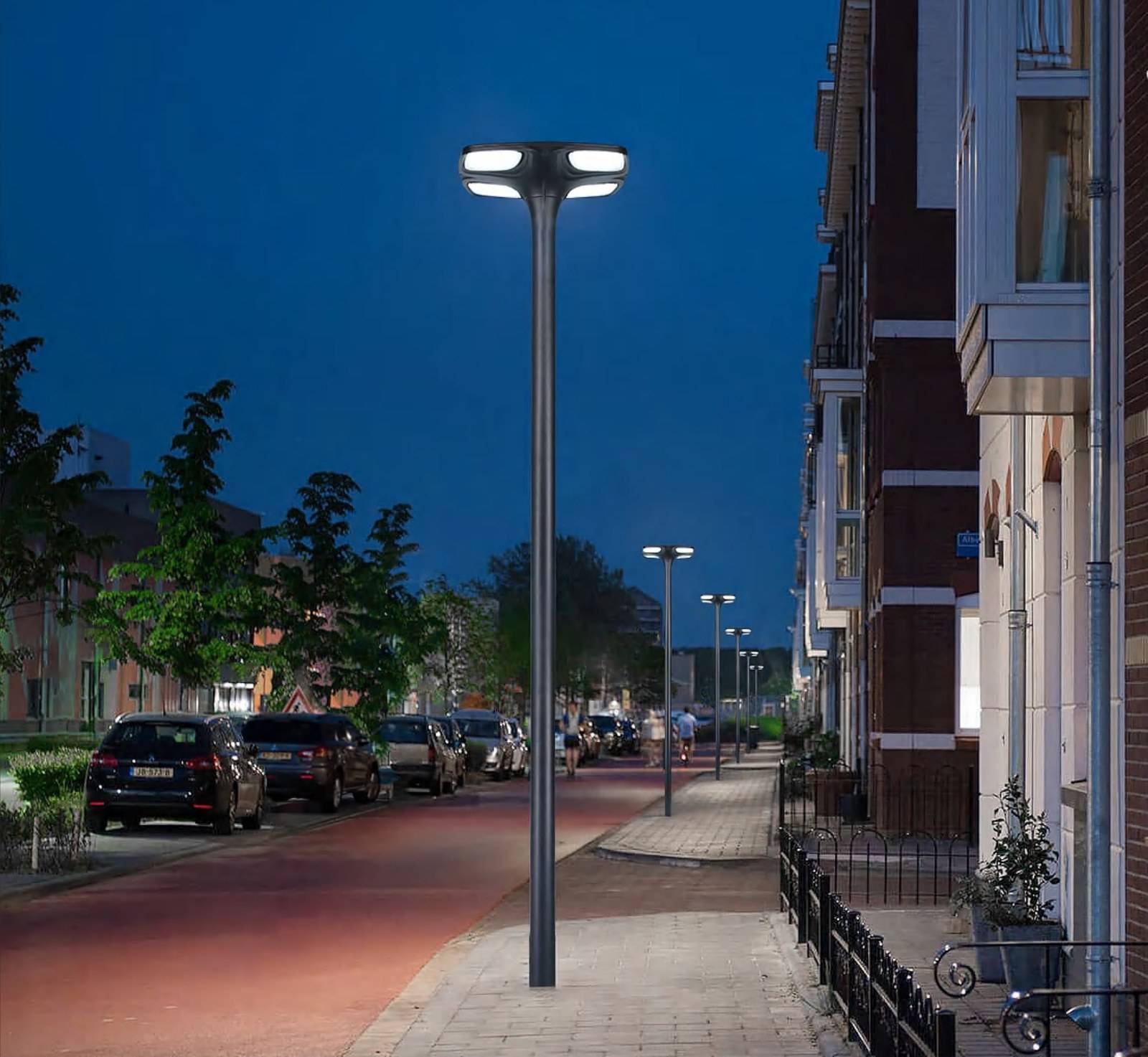 ZC-GGD0805 four-disc cluster post light on a residential street at dusk
