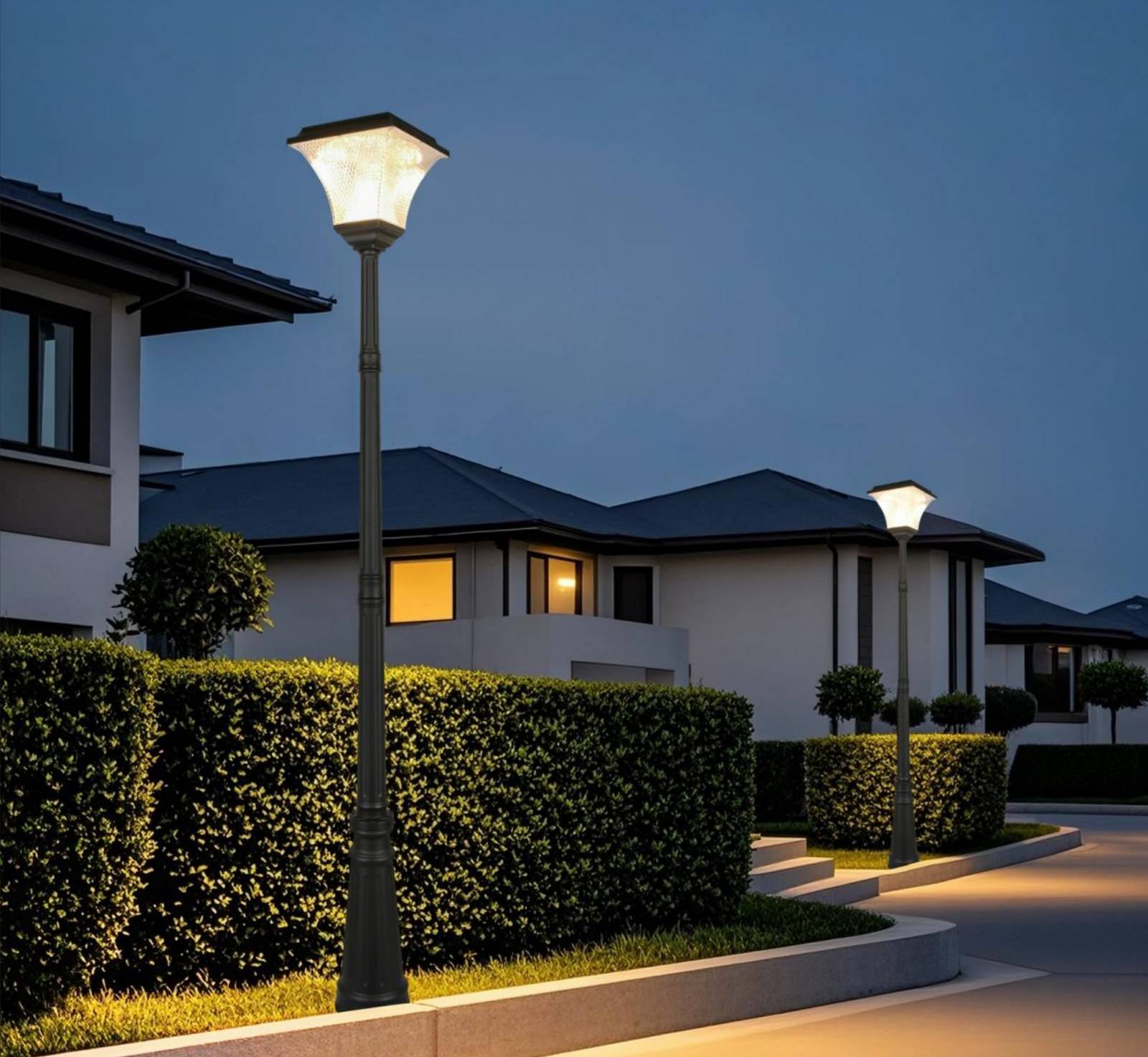 ZC-GGD3608 solar post-top lights along a residential street at dusk
