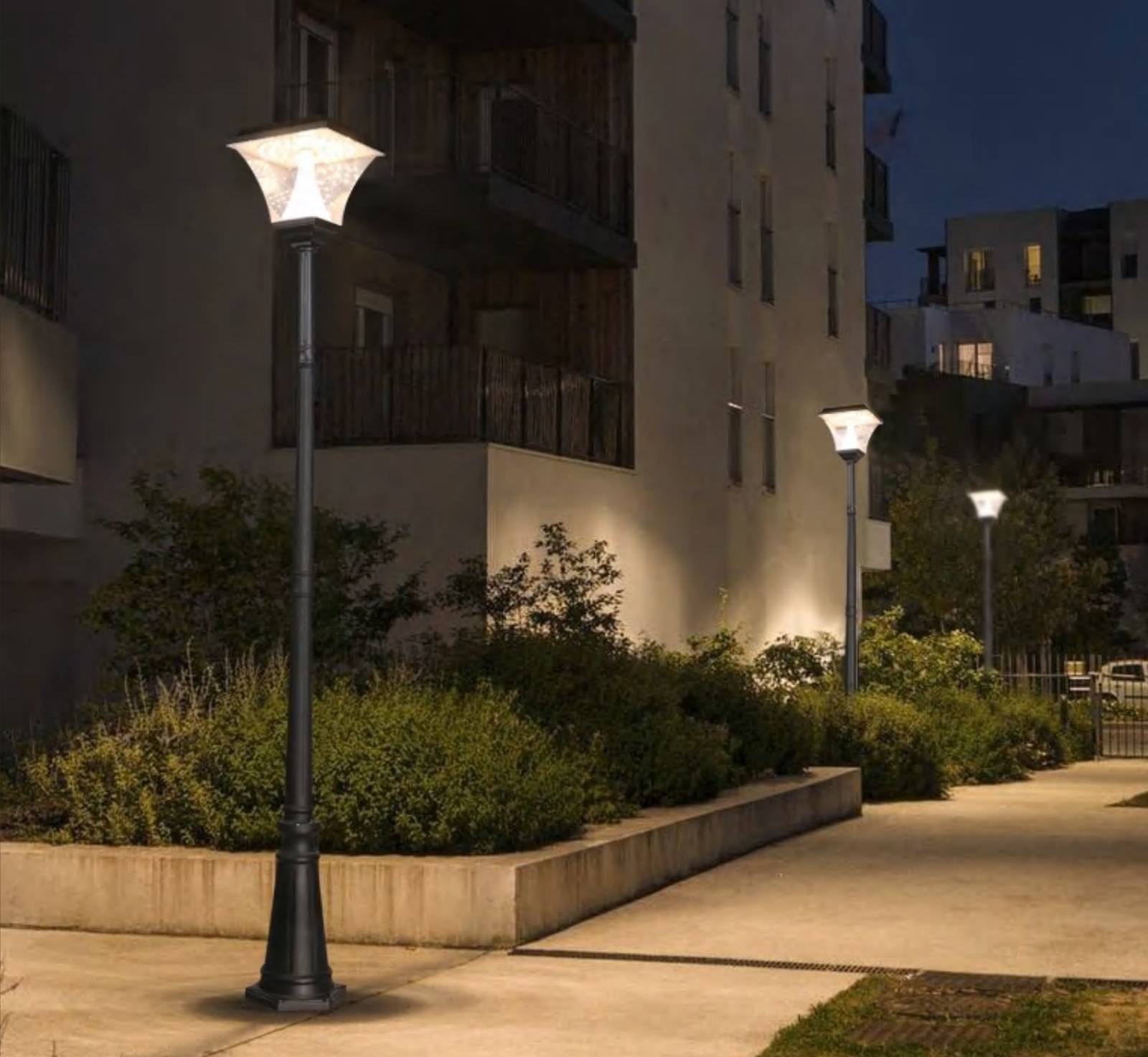 ZC-GGD4205 solar garden lights lighting a landscaped walkway at dusk