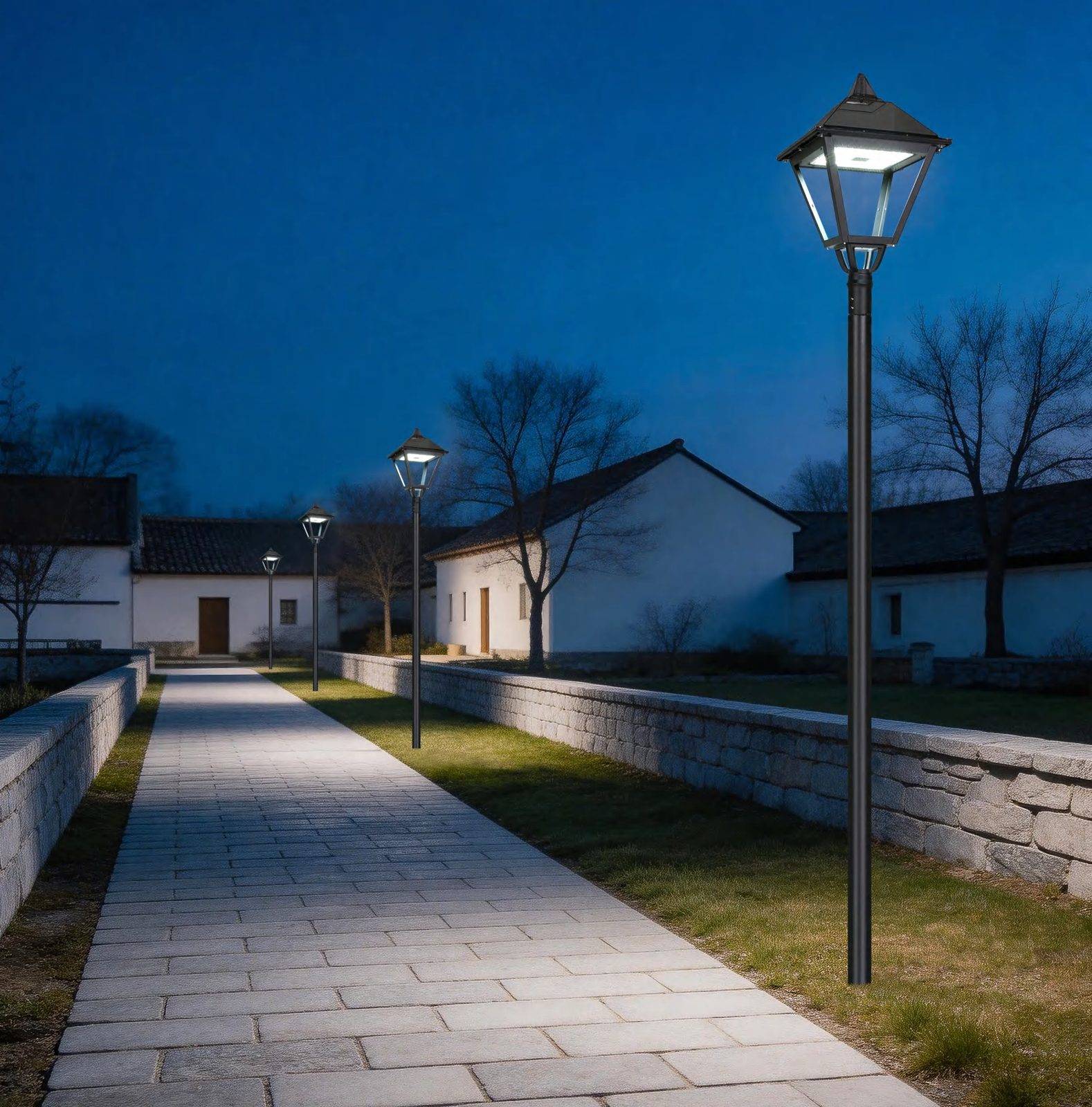 ZC-TYD1109 solar lantern post lights along a courtyard walkway at night