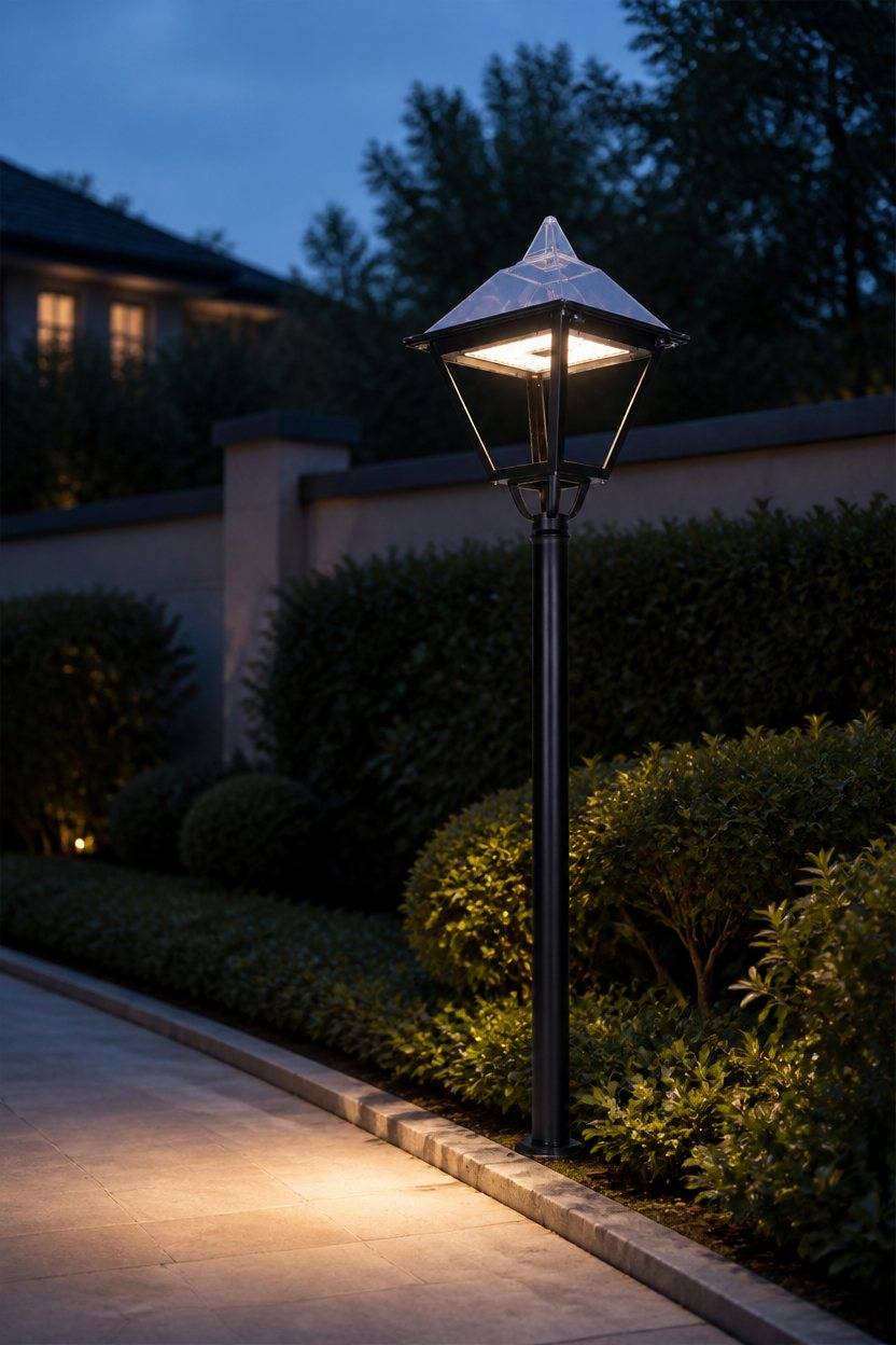 ZC-TYD1109 solar lantern post light beside a garden path at dusk