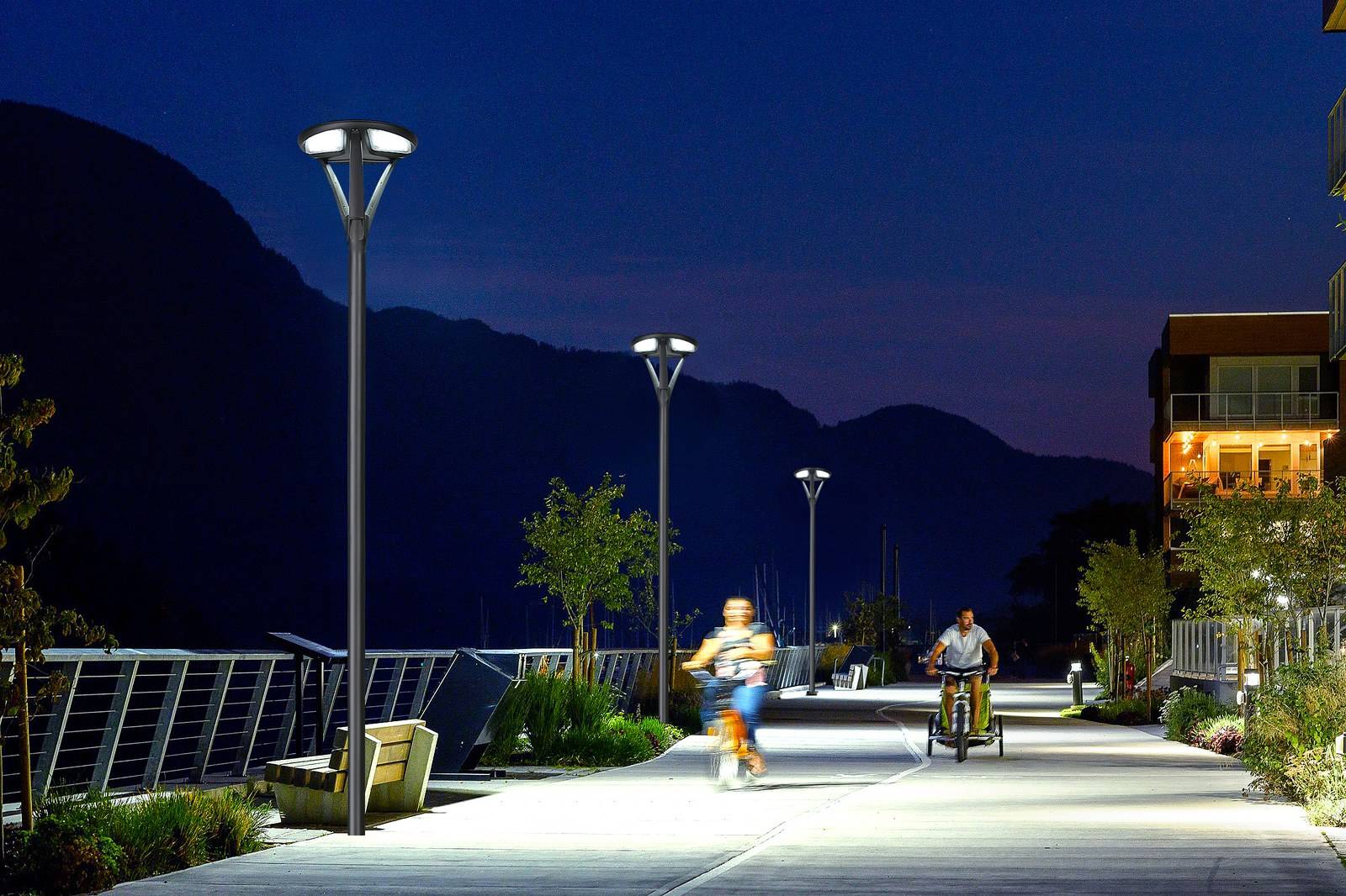 ZC-TYD2609 solar plaza light along a waterfront promenade