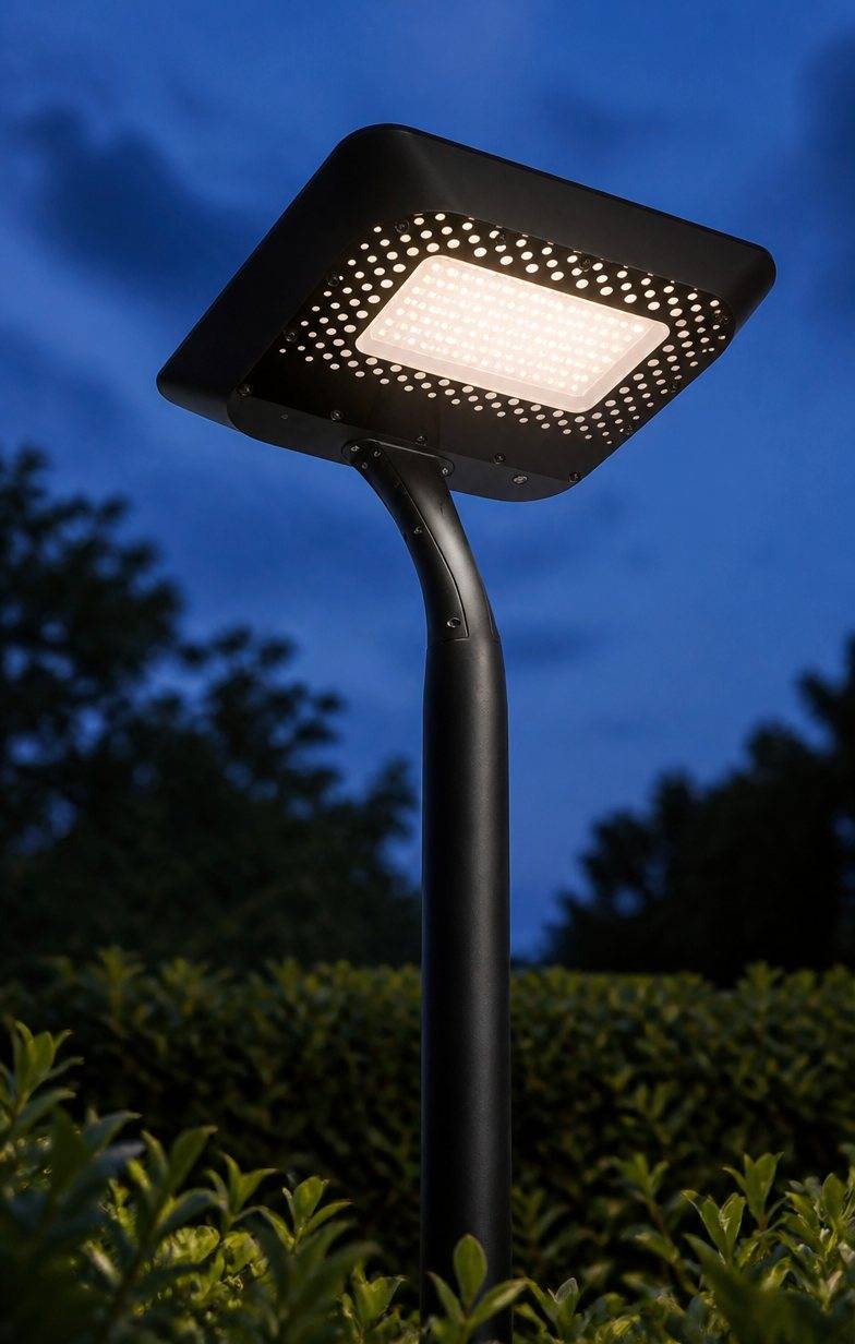 Close view of the ZC-TYD4208 luminaire head and LED board at dusk