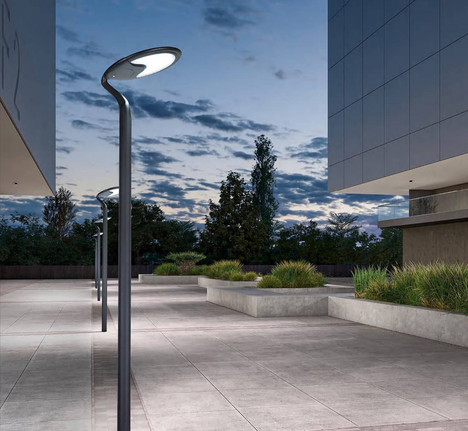 ZC-TYD5108 post-top solar garden lights installed along a paved plaza walkway at dusk