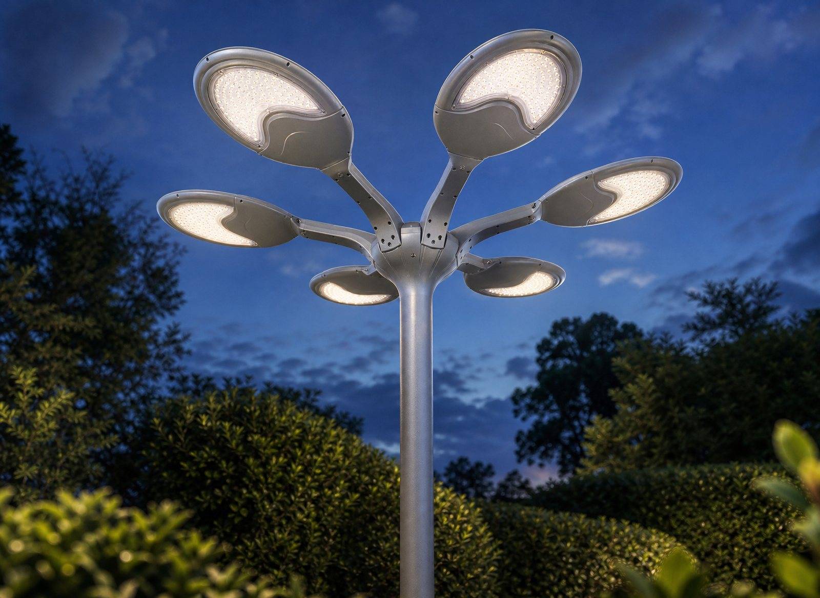 Close view of the ZC-TYD5109 six-petal solar garden light head at dusk