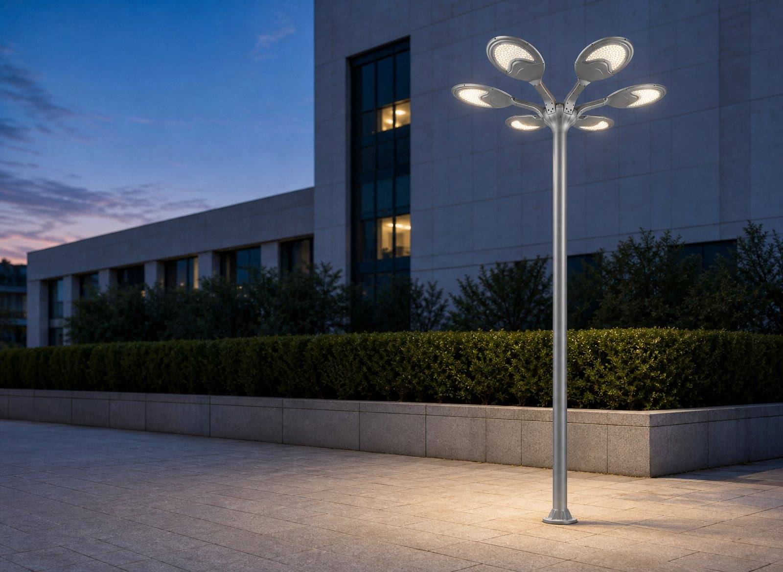 ZC-TYD5109 solar garden light lighting a landscaped plaza at dusk