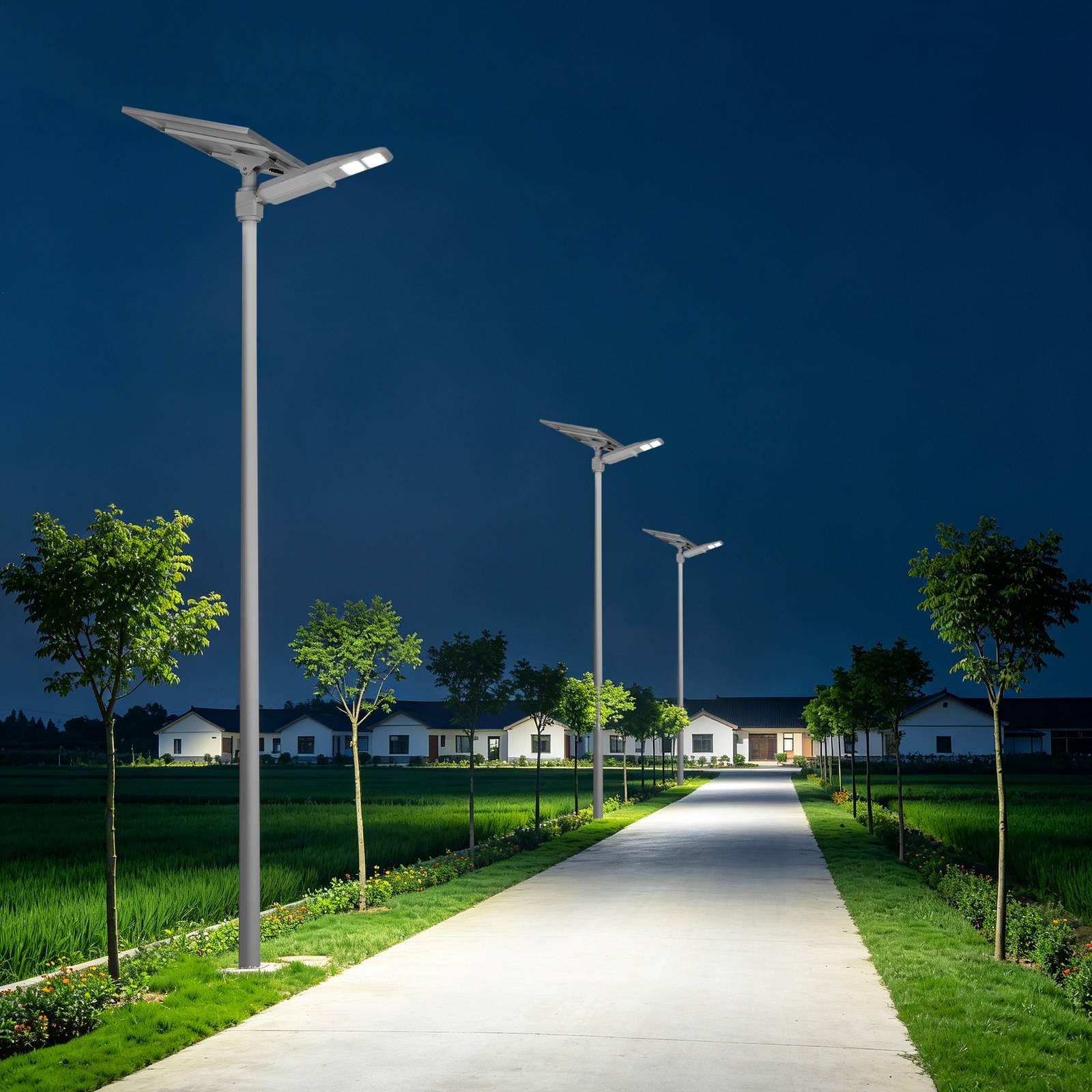 ZC-XYD solar post light in white on a landscaped walkway